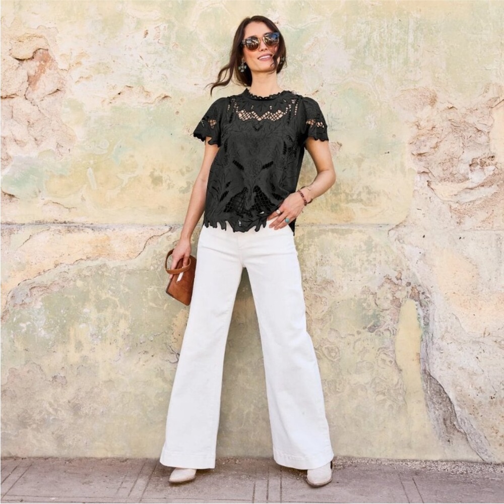 Sundance Ayre Lace Blouse Top Black Cutout Floral Ruffle Cotton Short Sleeve LG - Picture 3 of 13